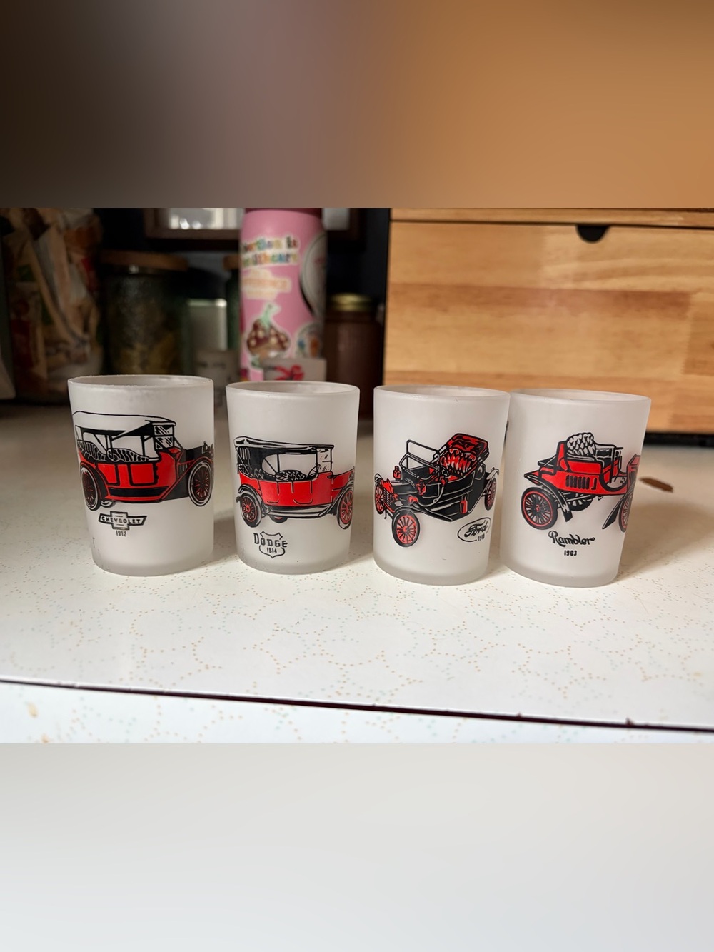 Anchor Hocking-Michigan Made Cars- Frosted Shot Glass Set (missing 2 glasses)